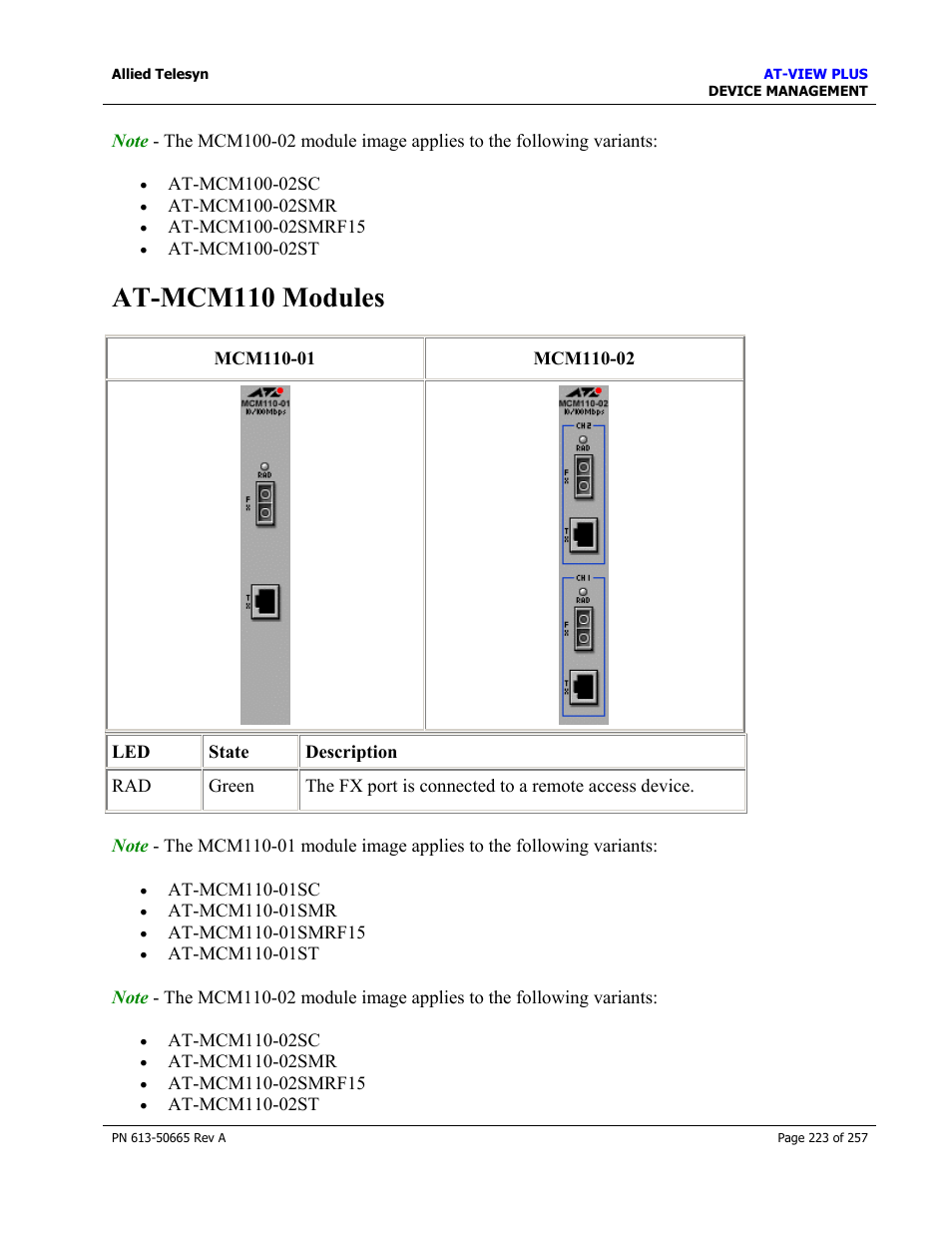 At-mcm110 modules | Allied Telesis AT-VIEW PLUS 3.0 DEVICE MANAGEMENT User Manual | Page 223 / 257