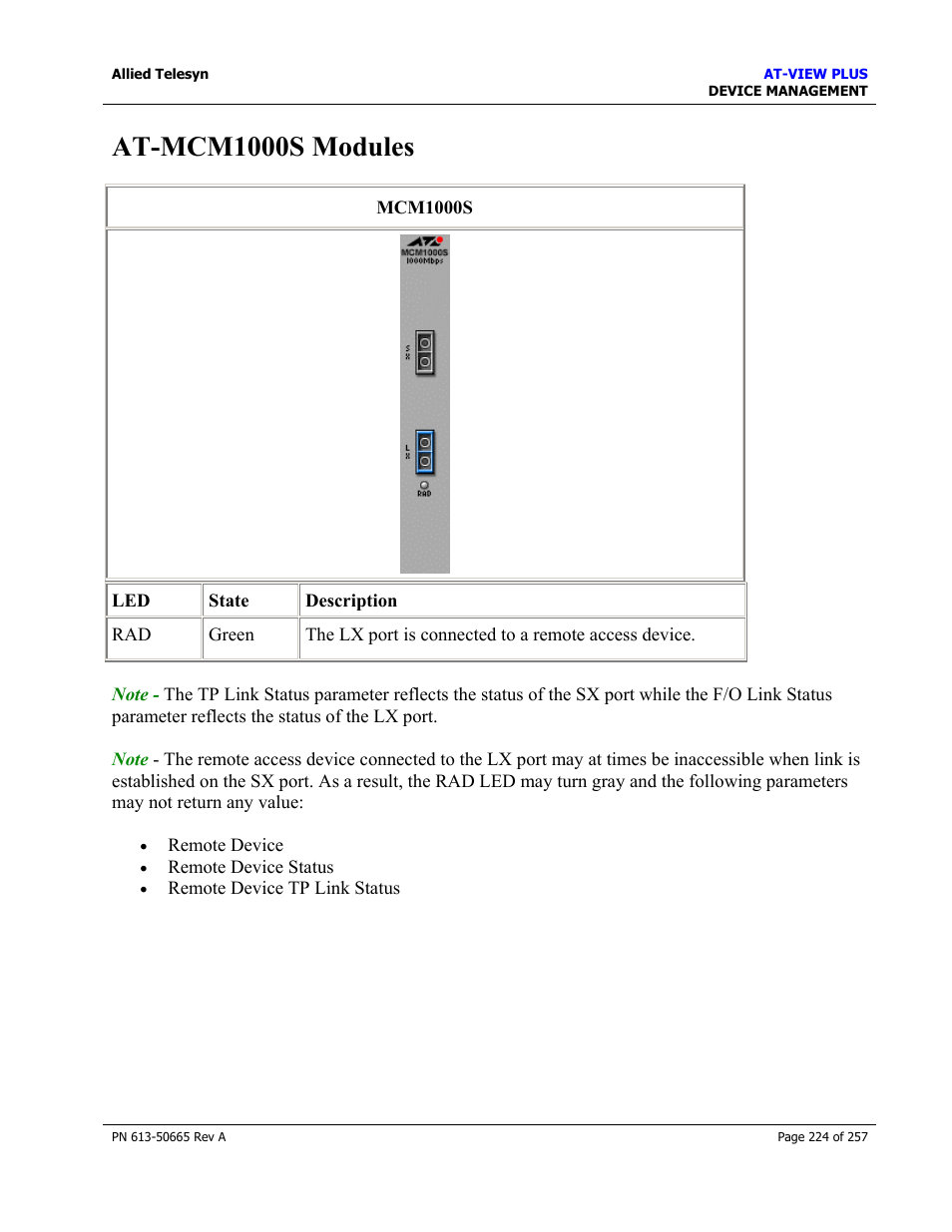 At-mcm1000s modules, At-mcm1000t modules | Allied Telesis AT-VIEW PLUS 3.0 DEVICE MANAGEMENT User Manual | Page 224 / 257
