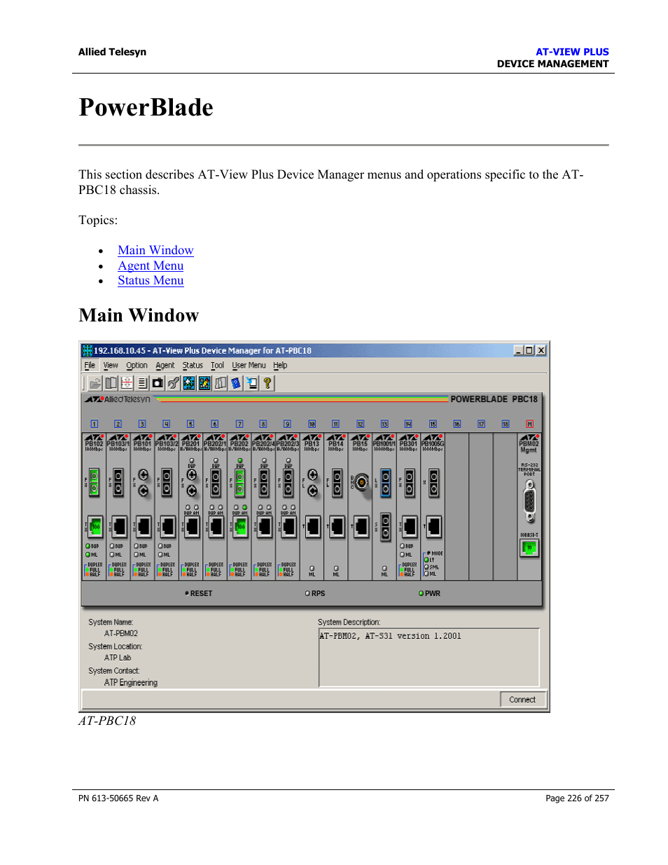 Powerblade, Main window | Allied Telesis AT-VIEW PLUS 3.0 DEVICE MANAGEMENT User Manual | Page 226 / 257