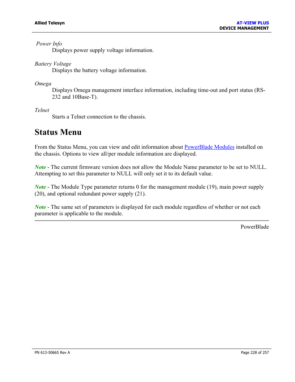 Status menu | Allied Telesis AT-VIEW PLUS 3.0 DEVICE MANAGEMENT User Manual | Page 228 / 257