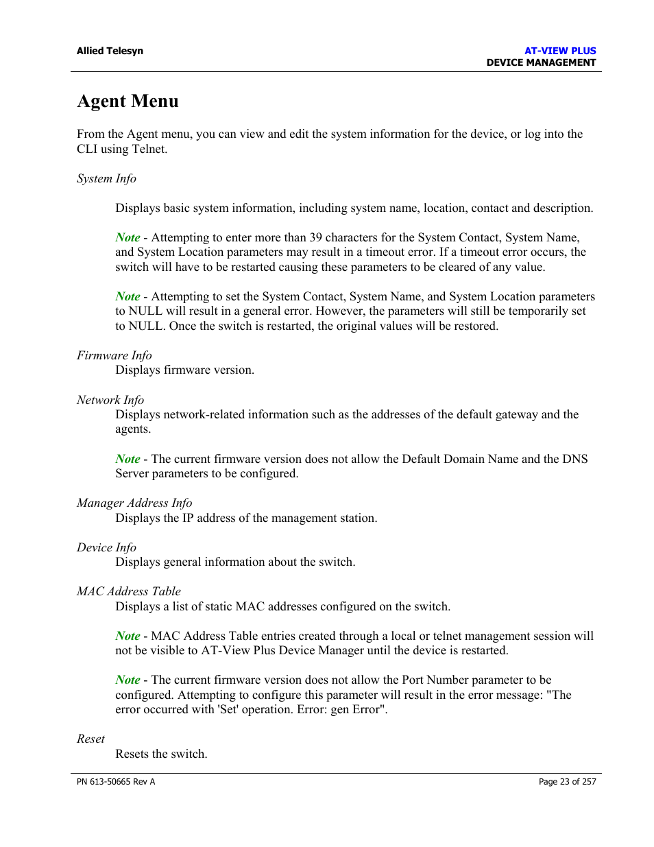 Agent menu | Allied Telesis AT-VIEW PLUS 3.0 DEVICE MANAGEMENT User Manual | Page 23 / 257