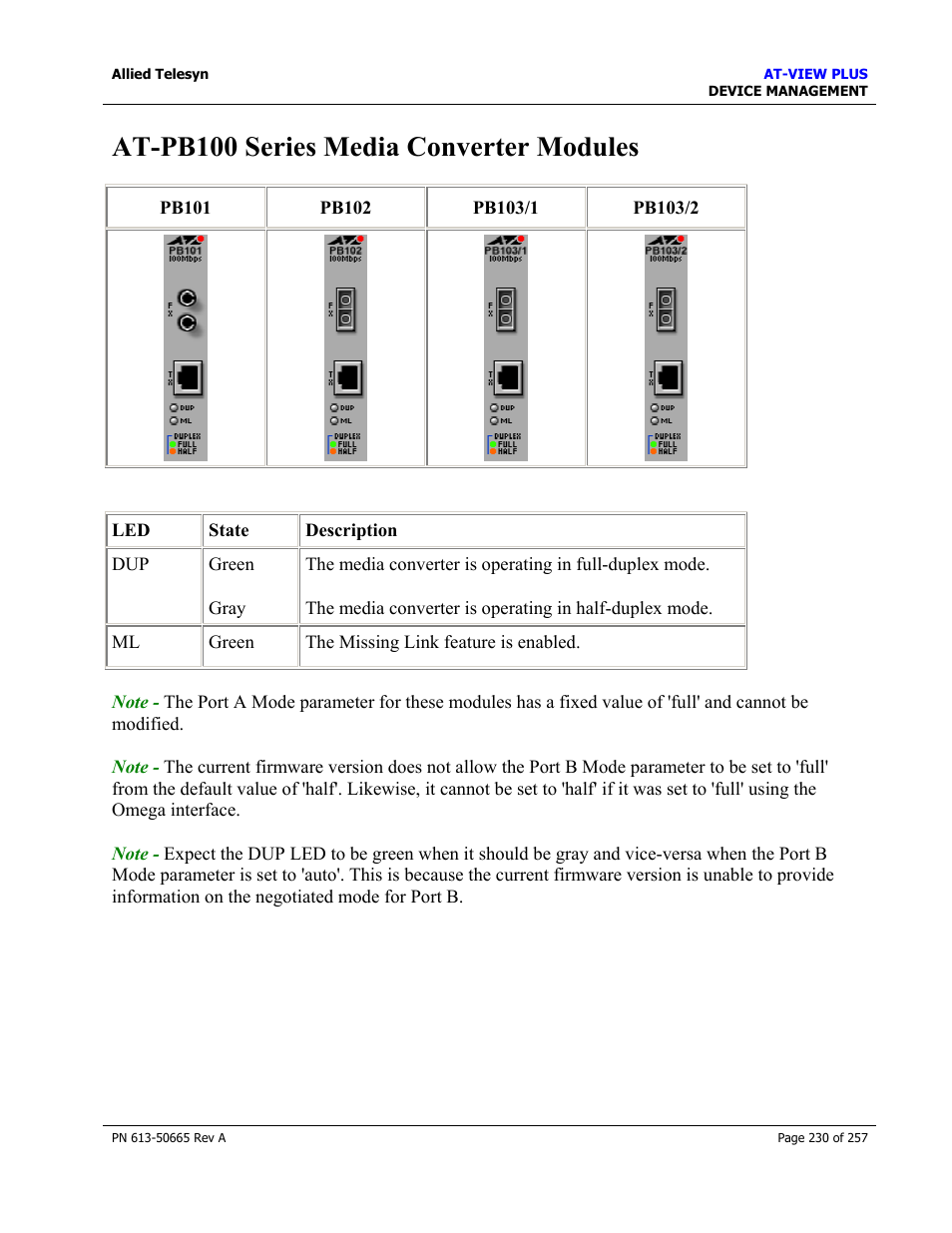 At-pb100 series media converter modules, At-pb200 series switch modules | Allied Telesis AT-VIEW PLUS 3.0 DEVICE MANAGEMENT User Manual | Page 230 / 257