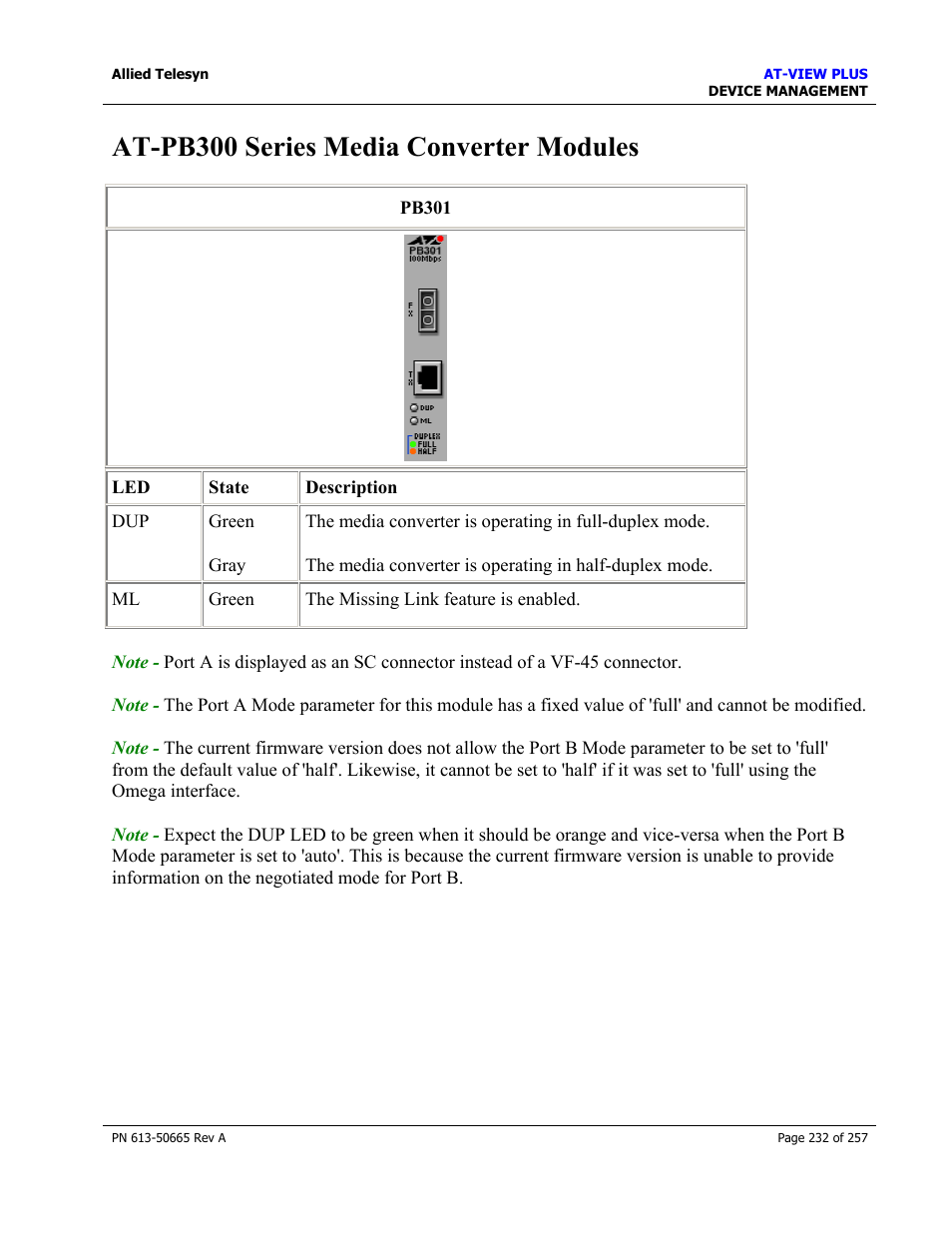 At-pb300 series media converter modules, At-pb1000 series media converter modules | Allied Telesis AT-VIEW PLUS 3.0 DEVICE MANAGEMENT User Manual | Page 232 / 257
