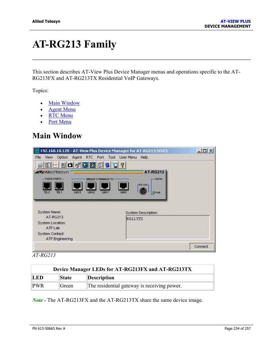 At-rg213 family, Main window | Allied Telesis AT-VIEW PLUS 3.0 DEVICE MANAGEMENT User Manual | Page 234 / 257