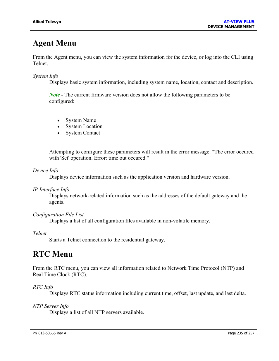 Agent menu, Rtc menu, Agent menu rtc menu | Allied Telesis AT-VIEW PLUS 3.0 DEVICE MANAGEMENT User Manual | Page 235 / 257