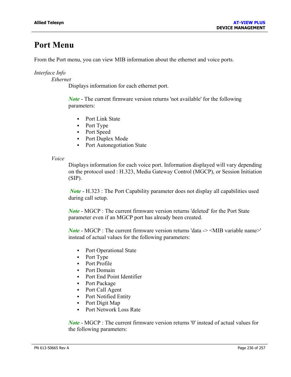 Port menu | Allied Telesis AT-VIEW PLUS 3.0 DEVICE MANAGEMENT User Manual | Page 236 / 257