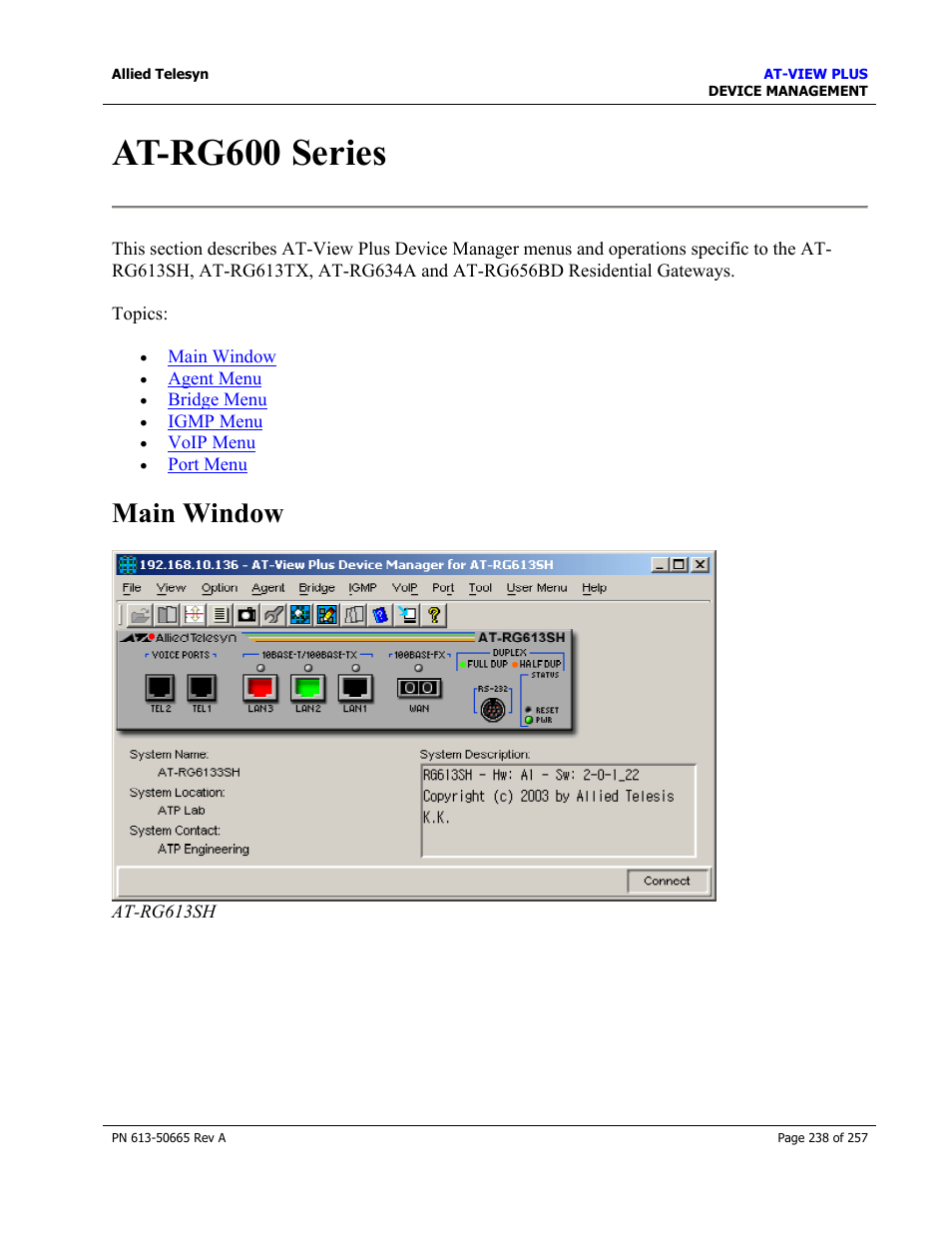 At-rg600 series, Main window | Allied Telesis AT-VIEW PLUS 3.0 DEVICE MANAGEMENT User Manual | Page 238 / 257