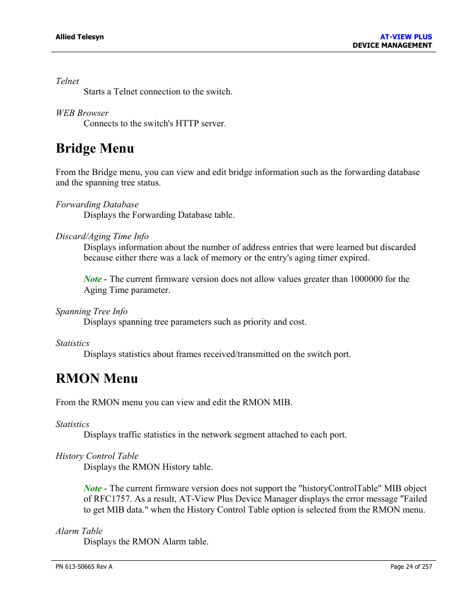 Bridge menu, Rmon menu, Bridge menu rmon menu | Allied Telesis AT-VIEW PLUS 3.0 DEVICE MANAGEMENT User Manual | Page 24 / 257