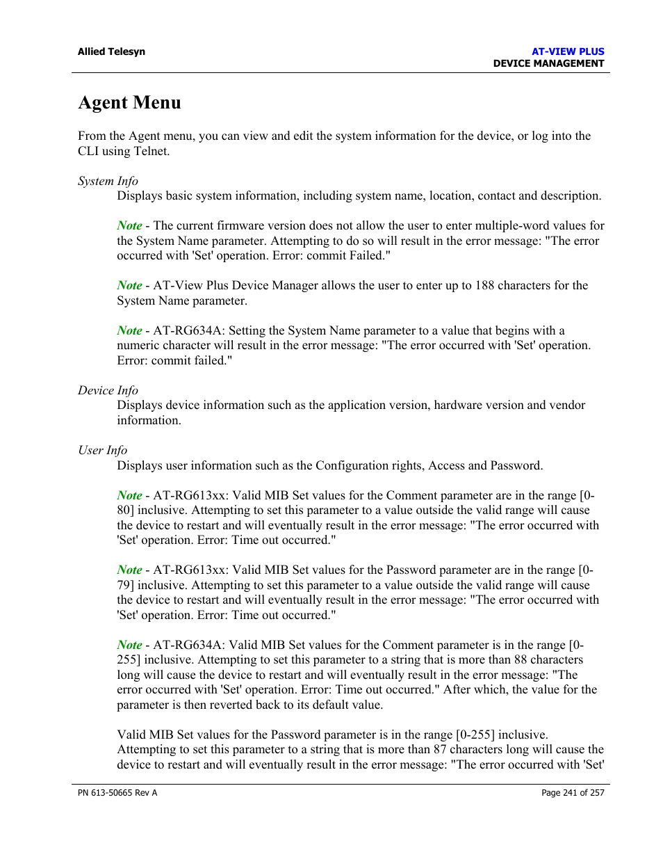 Agent menu | Allied Telesis AT-VIEW PLUS 3.0 DEVICE MANAGEMENT User Manual | Page 241 / 257