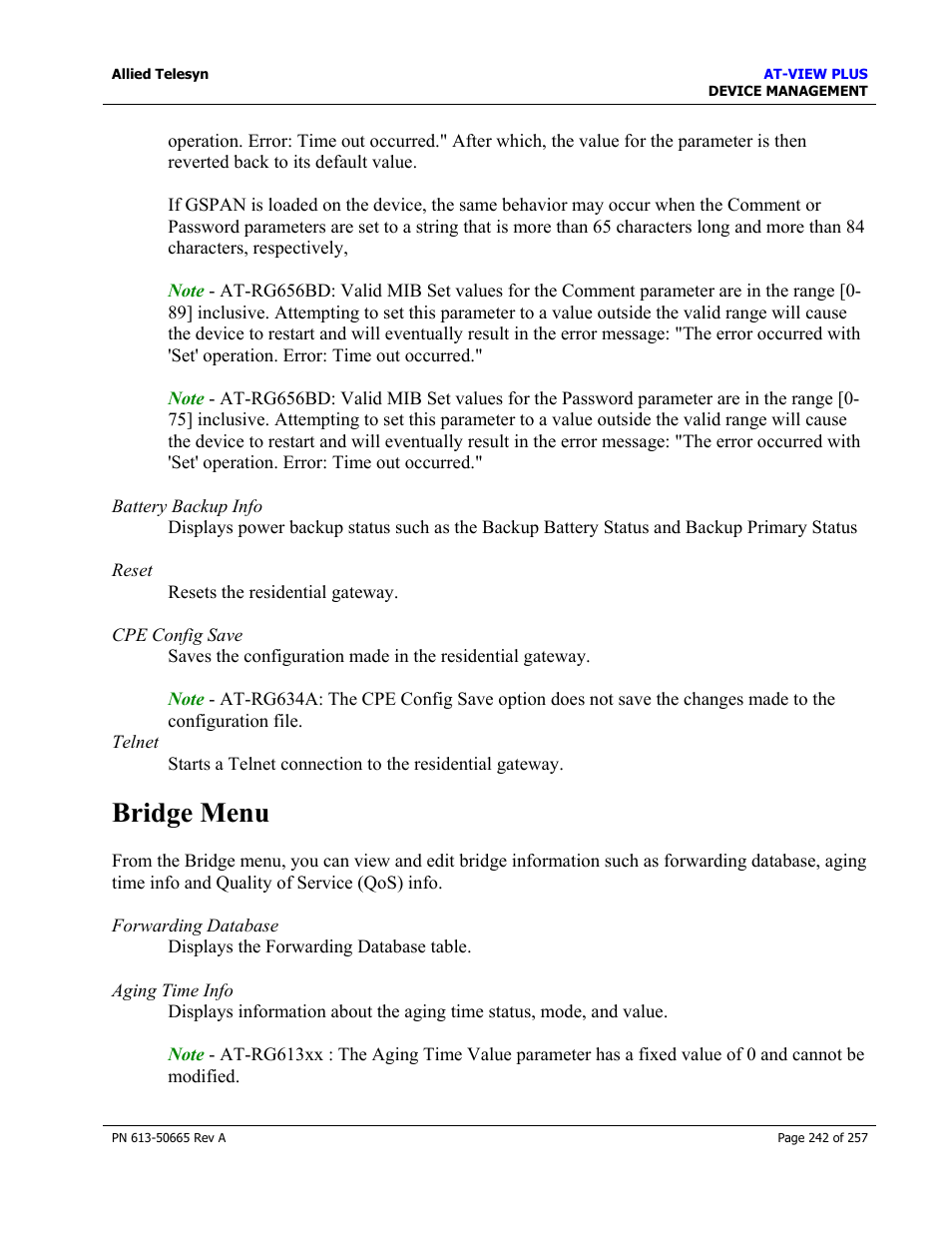 Bridge menu | Allied Telesis AT-VIEW PLUS 3.0 DEVICE MANAGEMENT User Manual | Page 242 / 257