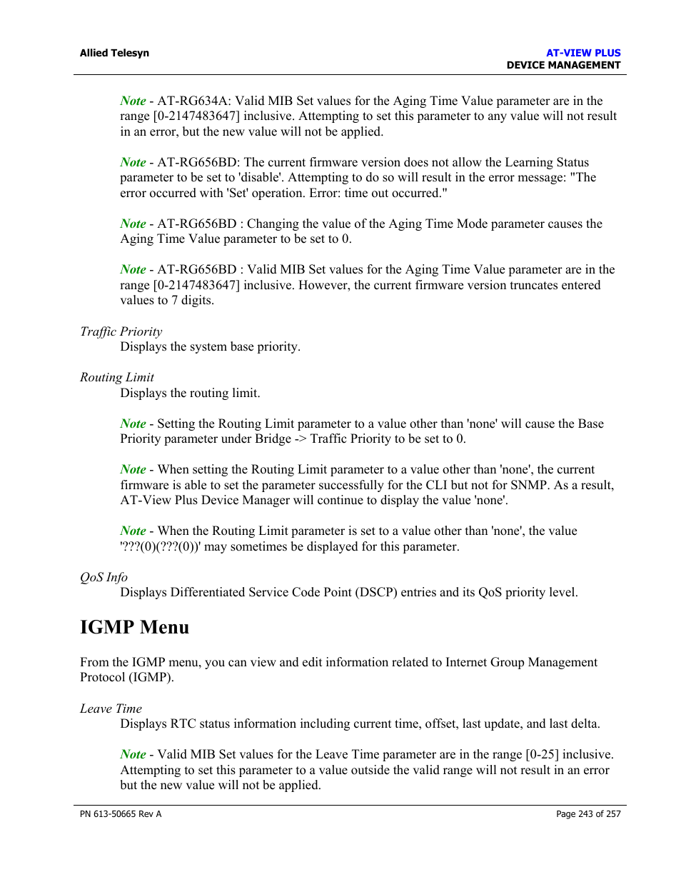 Igmp menu | Allied Telesis AT-VIEW PLUS 3.0 DEVICE MANAGEMENT User Manual | Page 243 / 257