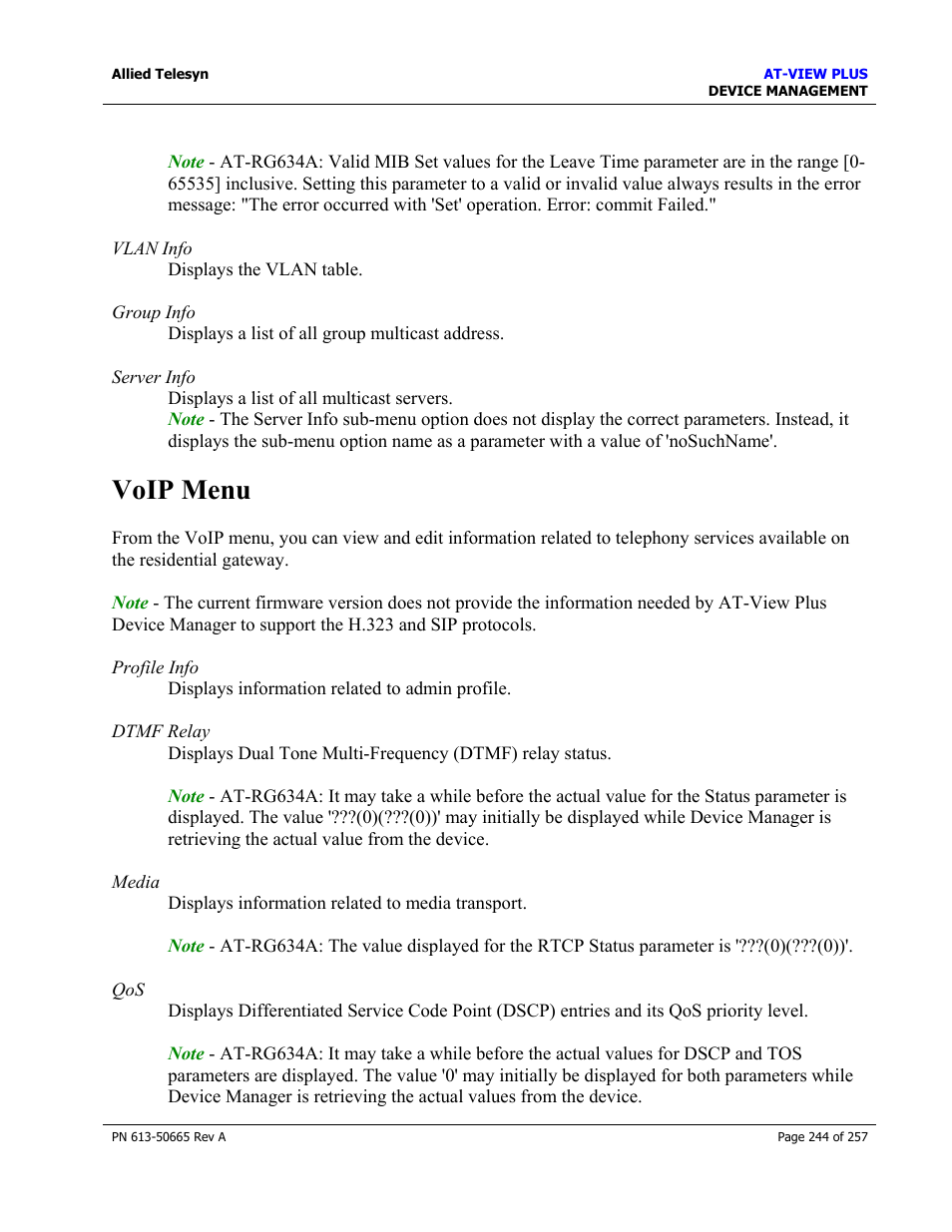 Voip menu | Allied Telesis AT-VIEW PLUS 3.0 DEVICE MANAGEMENT User Manual | Page 244 / 257