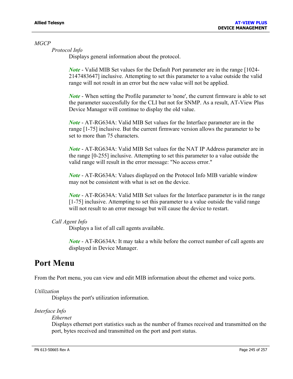 Port menu | Allied Telesis AT-VIEW PLUS 3.0 DEVICE MANAGEMENT User Manual | Page 245 / 257