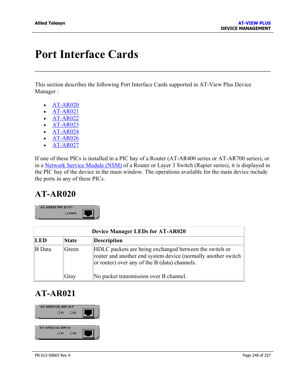 Port interface cards, At-ar020, At-ar021 | At-ar020 at-ar021 | Allied Telesis AT-VIEW PLUS 3.0 DEVICE MANAGEMENT User Manual | Page 248 / 257