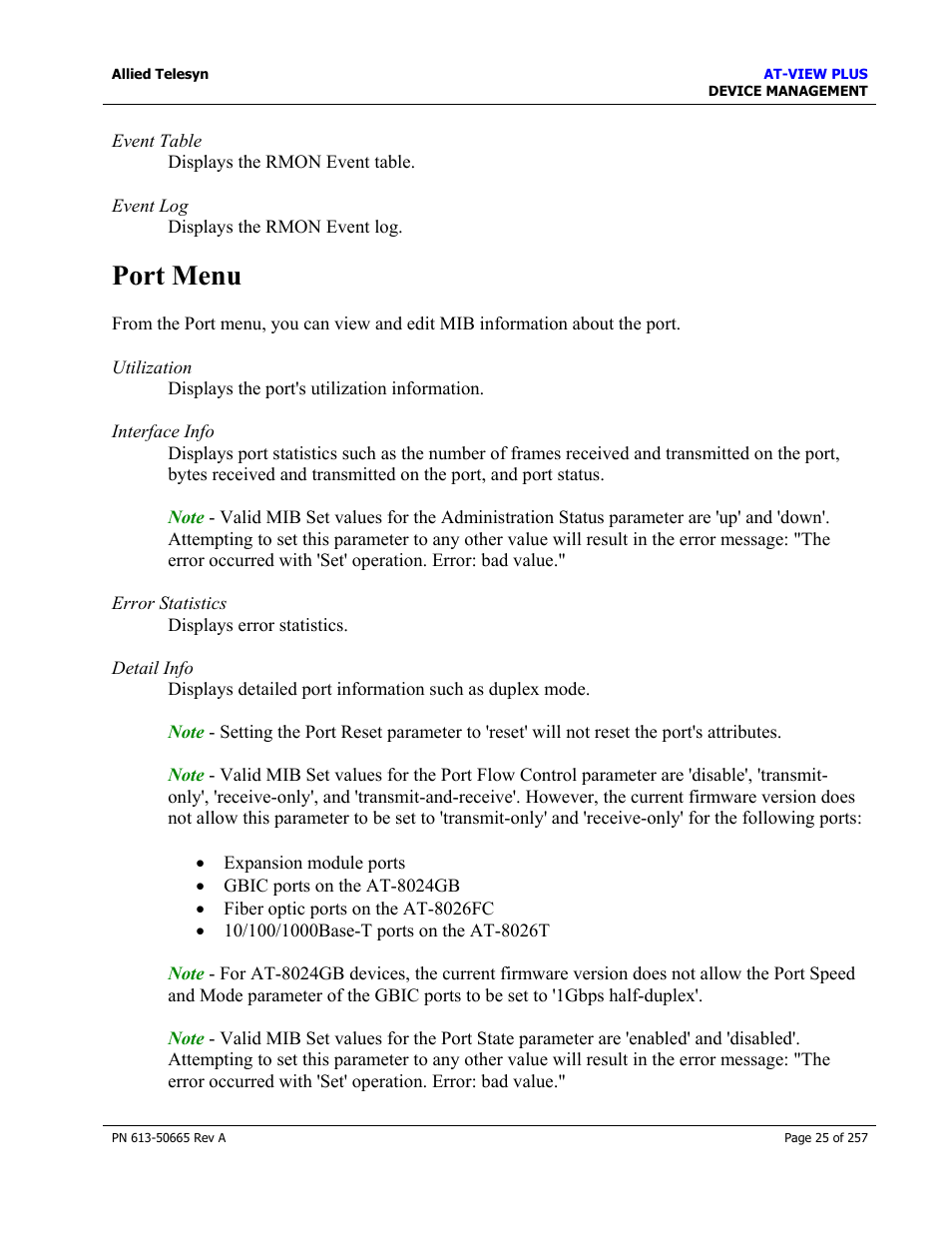 Port menu | Allied Telesis AT-VIEW PLUS 3.0 DEVICE MANAGEMENT User Manual | Page 25 / 257