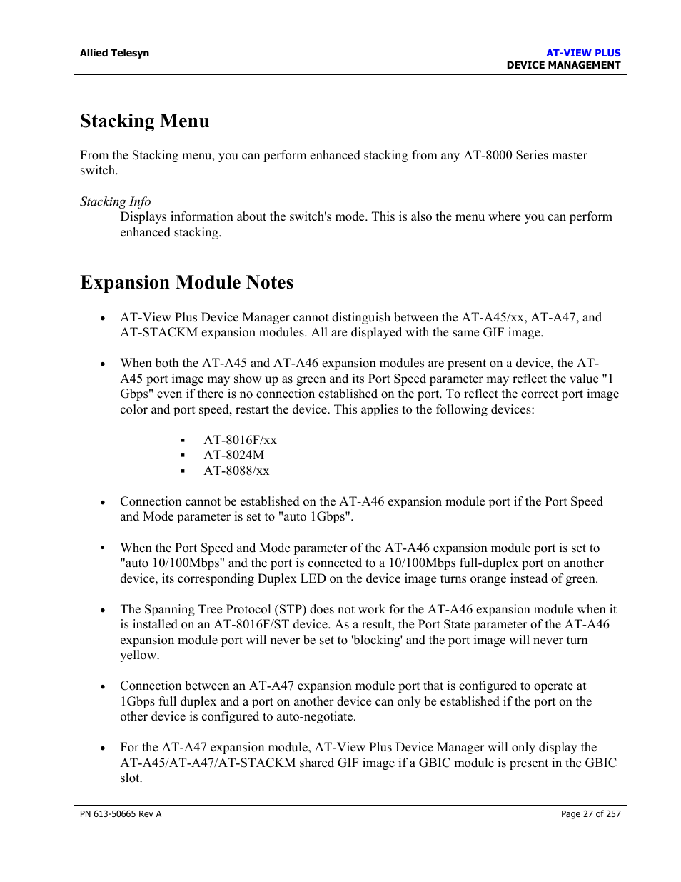 Stacking menu, Expansion module notes, Stacking menu expansion module notes | Allied Telesis AT-VIEW PLUS 3.0 DEVICE MANAGEMENT User Manual | Page 27 / 257