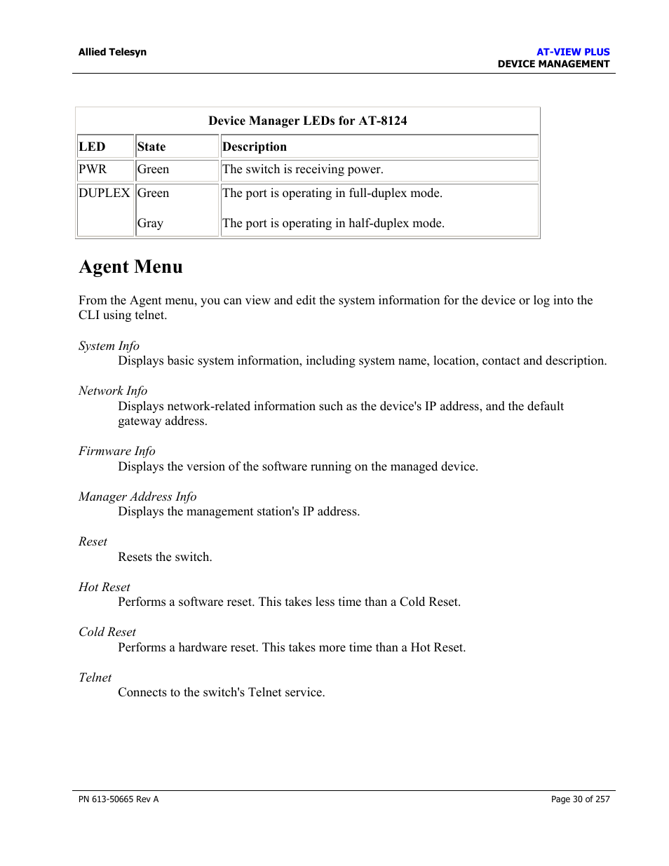 Agent menu, Bridge menu | Allied Telesis AT-VIEW PLUS 3.0 DEVICE MANAGEMENT User Manual | Page 30 / 257