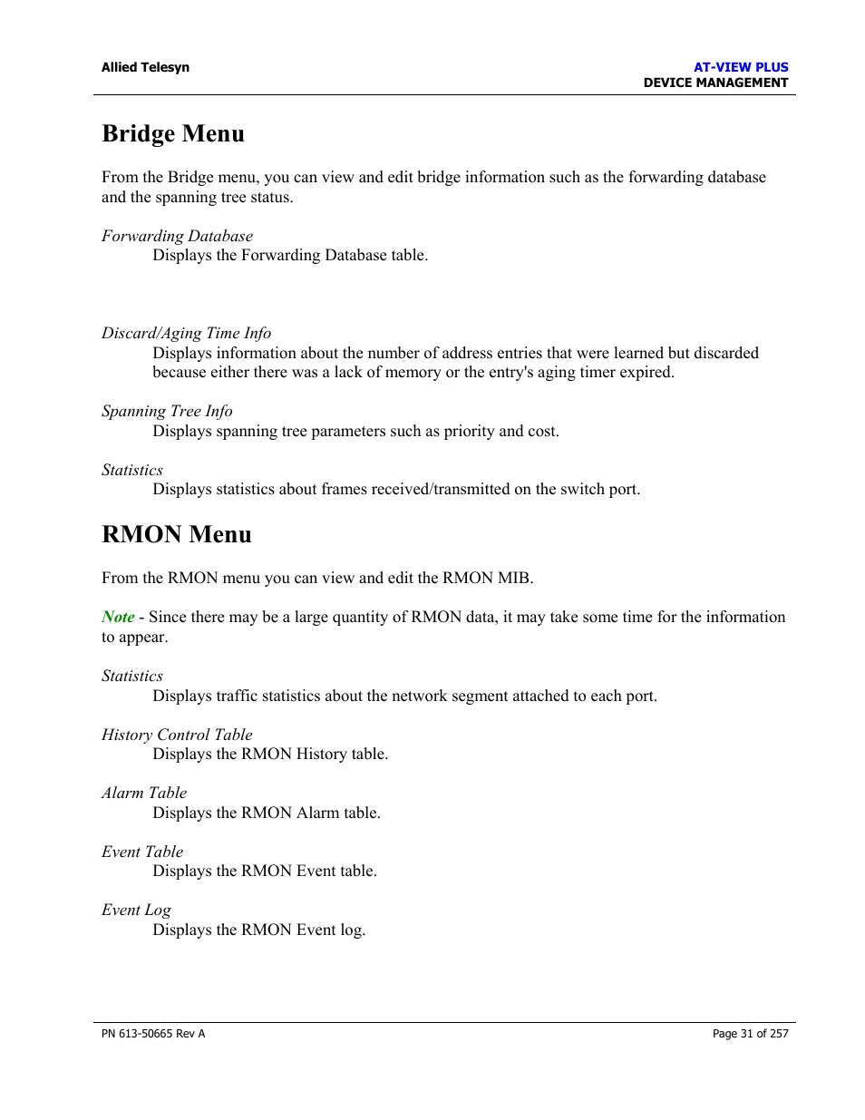 Bridge menu, Rmon menu, Bridge menu rmon menu | Port menu | Allied Telesis AT-VIEW PLUS 3.0 DEVICE MANAGEMENT User Manual | Page 31 / 257