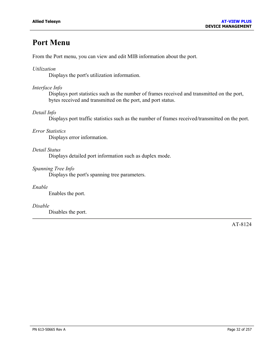 Port menu | Allied Telesis AT-VIEW PLUS 3.0 DEVICE MANAGEMENT User Manual | Page 32 / 257