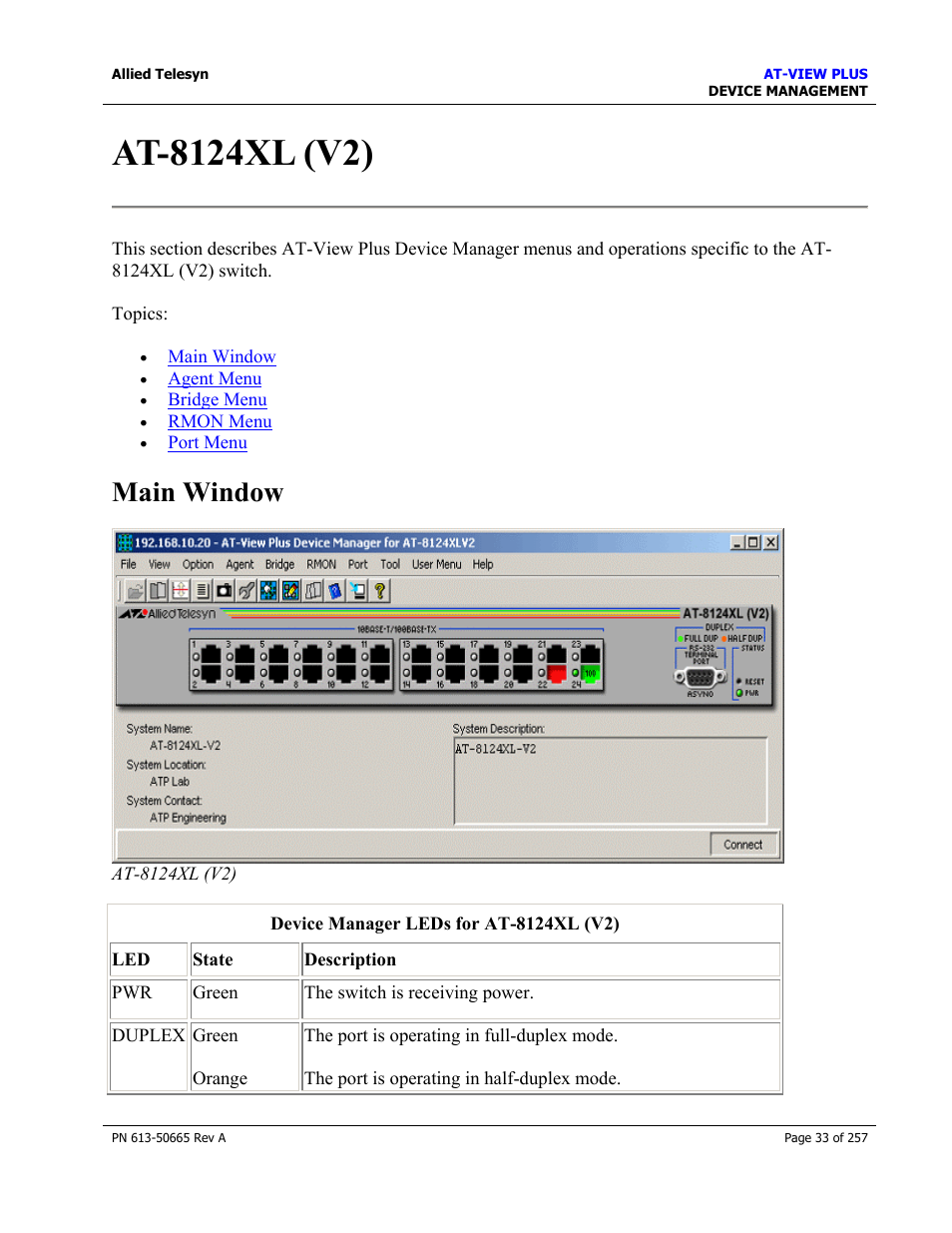 At-8124xl (v2), Main window | Allied Telesis AT-VIEW PLUS 3.0 DEVICE MANAGEMENT User Manual | Page 33 / 257