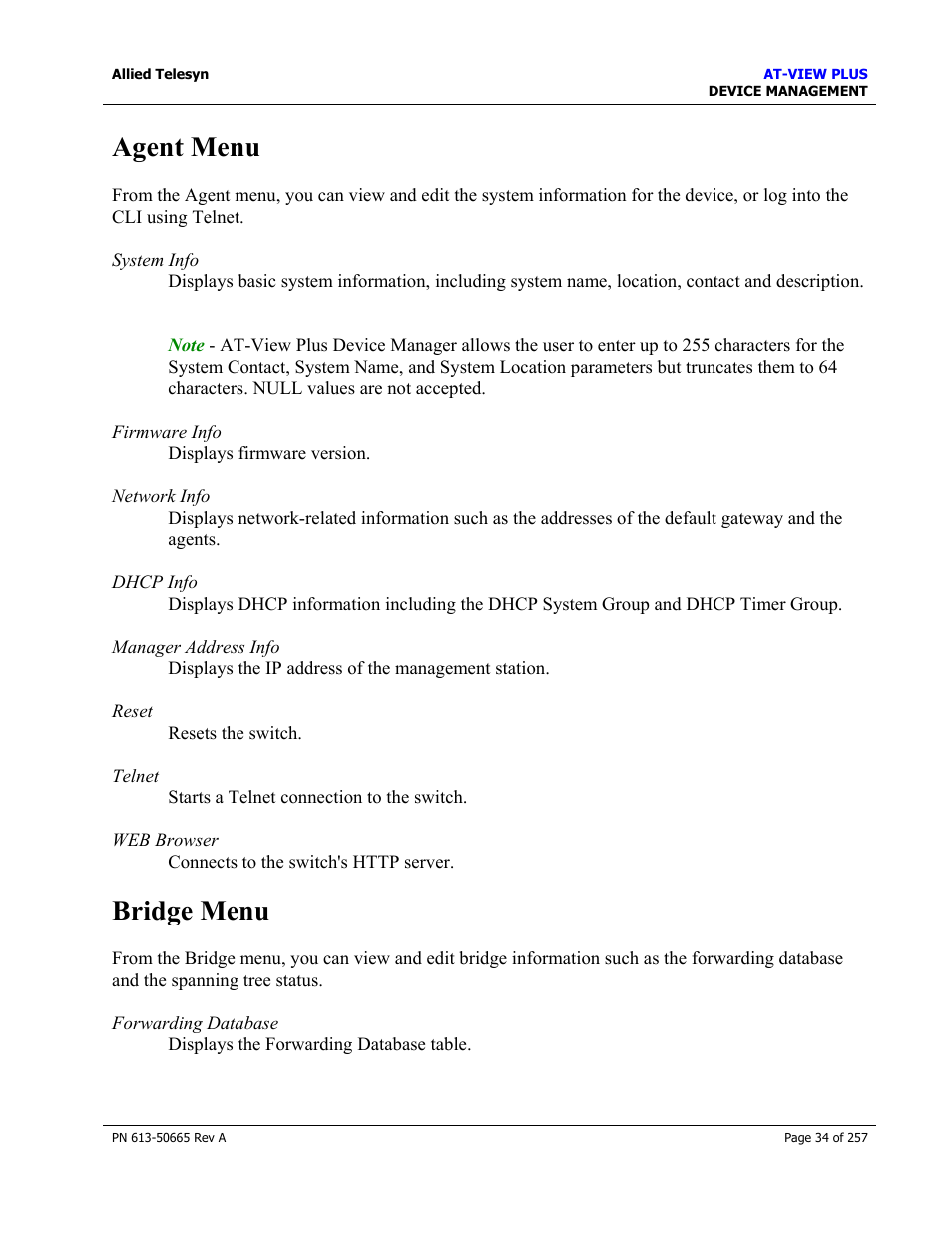 Agent menu, Bridge menu, Agent menu bridge menu | Allied Telesis AT-VIEW PLUS 3.0 DEVICE MANAGEMENT User Manual | Page 34 / 257