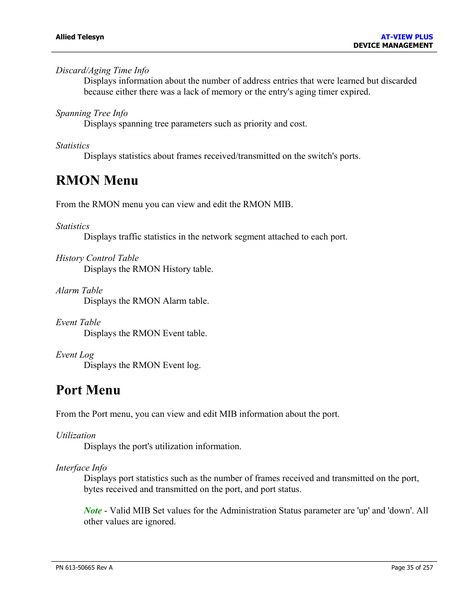 Rmon menu, Port menu, Rmon menu port menu | Allied Telesis AT-VIEW PLUS 3.0 DEVICE MANAGEMENT User Manual | Page 35 / 257