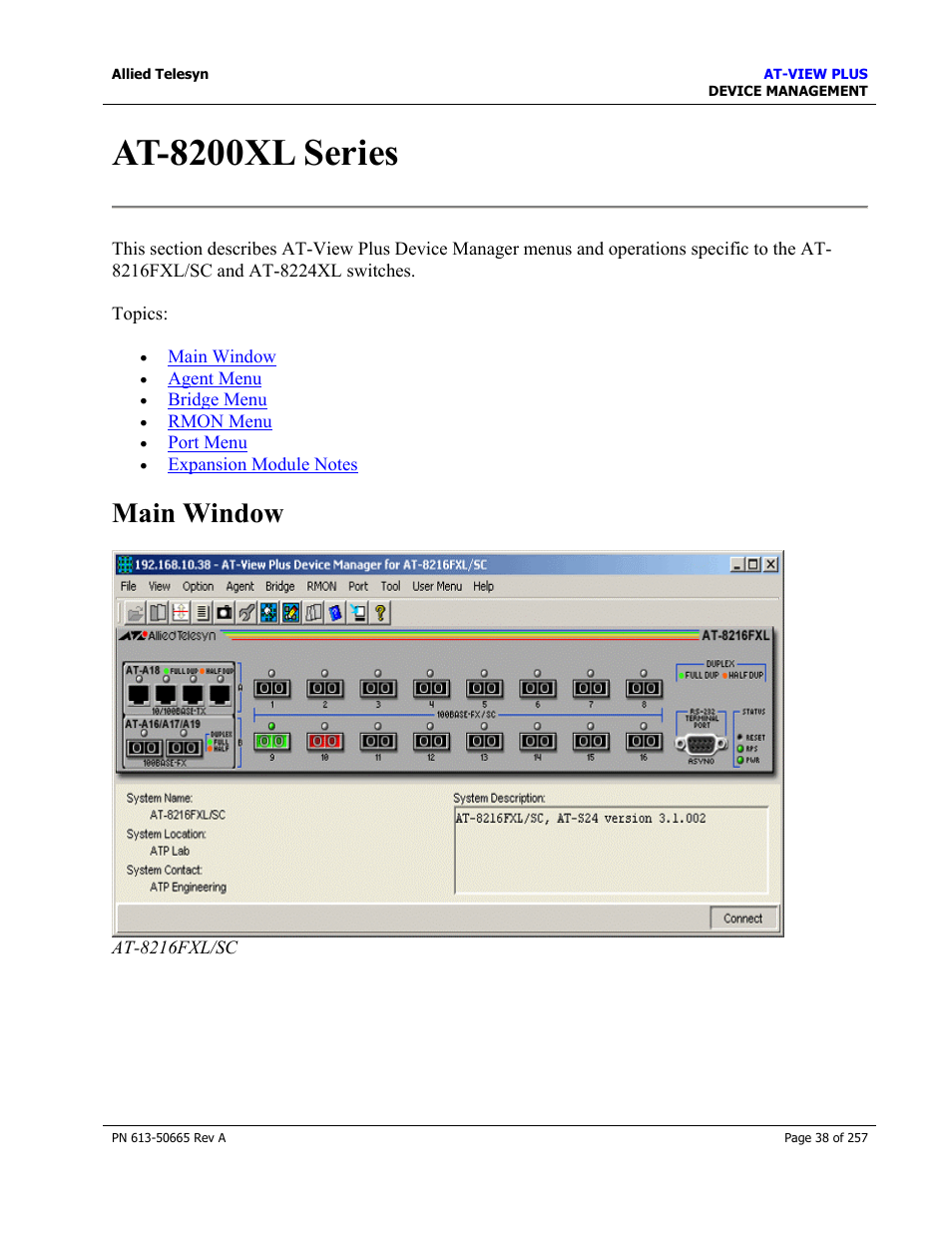 At-8200xl series, Main window | Allied Telesis AT-VIEW PLUS 3.0 DEVICE MANAGEMENT User Manual | Page 38 / 257