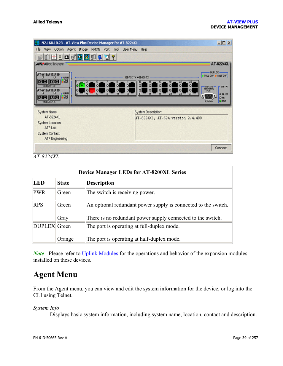 Agent menu | Allied Telesis AT-VIEW PLUS 3.0 DEVICE MANAGEMENT User Manual | Page 39 / 257