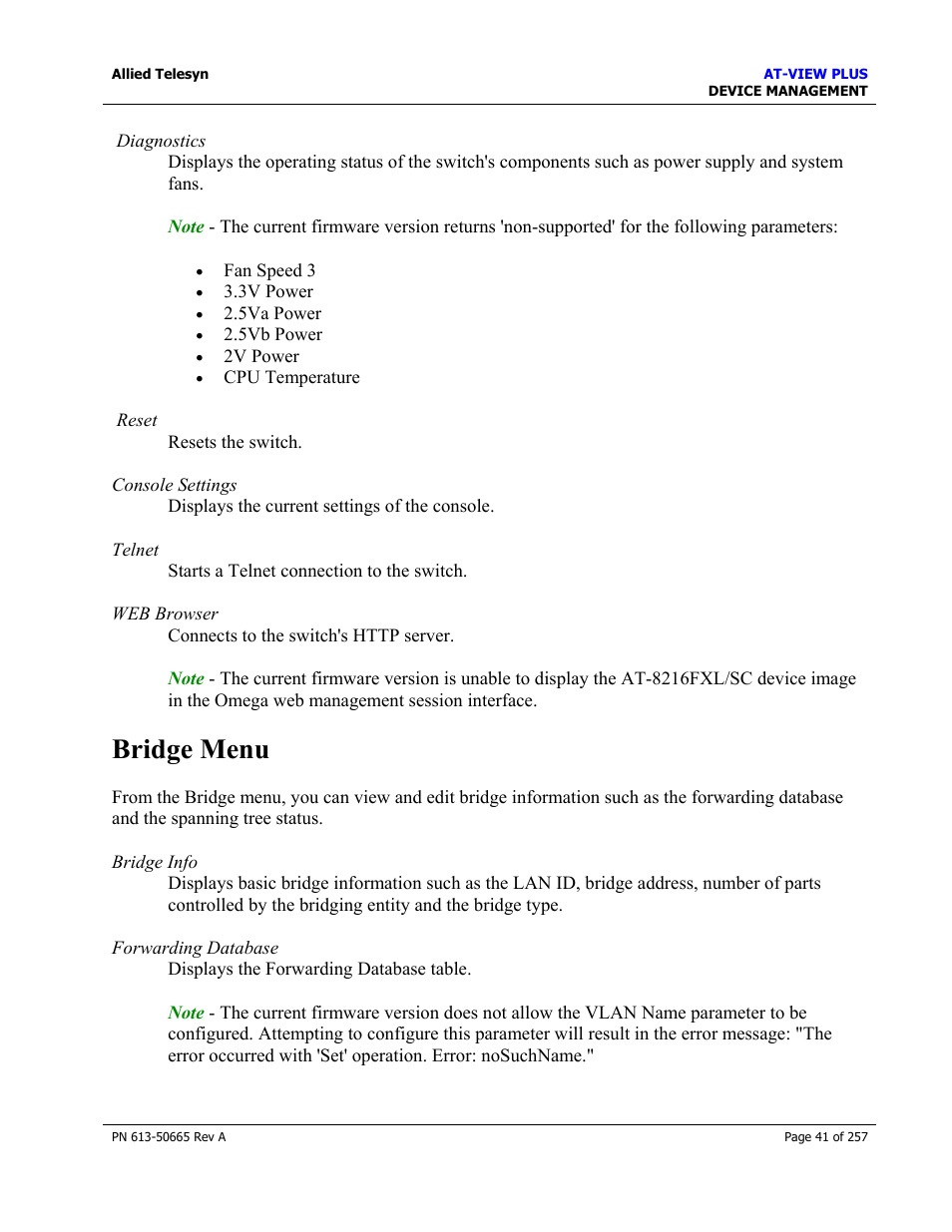 Bridge menu | Allied Telesis AT-VIEW PLUS 3.0 DEVICE MANAGEMENT User Manual | Page 41 / 257