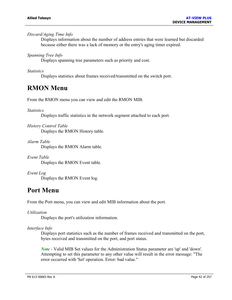 Rmon menu, Port menu, Rmon menu port menu | Allied Telesis AT-VIEW PLUS 3.0 DEVICE MANAGEMENT User Manual | Page 42 / 257