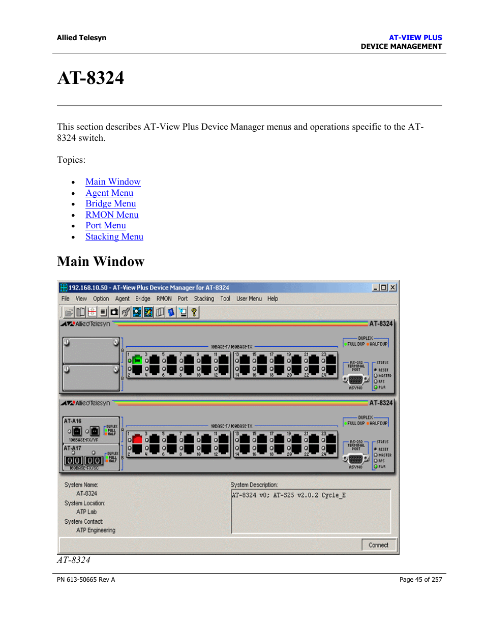 At-8324, Main window | Allied Telesis AT-VIEW PLUS 3.0 DEVICE MANAGEMENT User Manual | Page 45 / 257