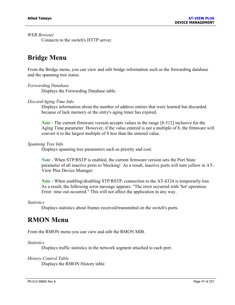 Bridge menu, Rmon menu, Bridge menu rmon menu | Allied Telesis AT-VIEW PLUS 3.0 DEVICE MANAGEMENT User Manual | Page 47 / 257