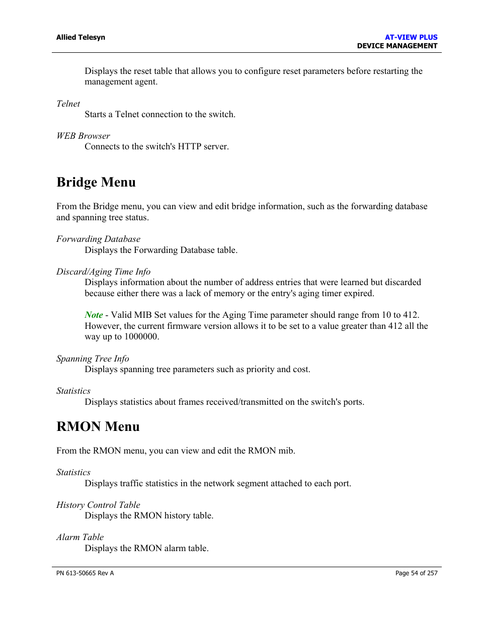 Bridge menu, Rmon menu, Bridge menu rmon menu | Allied Telesis AT-VIEW PLUS 3.0 DEVICE MANAGEMENT User Manual | Page 54 / 257