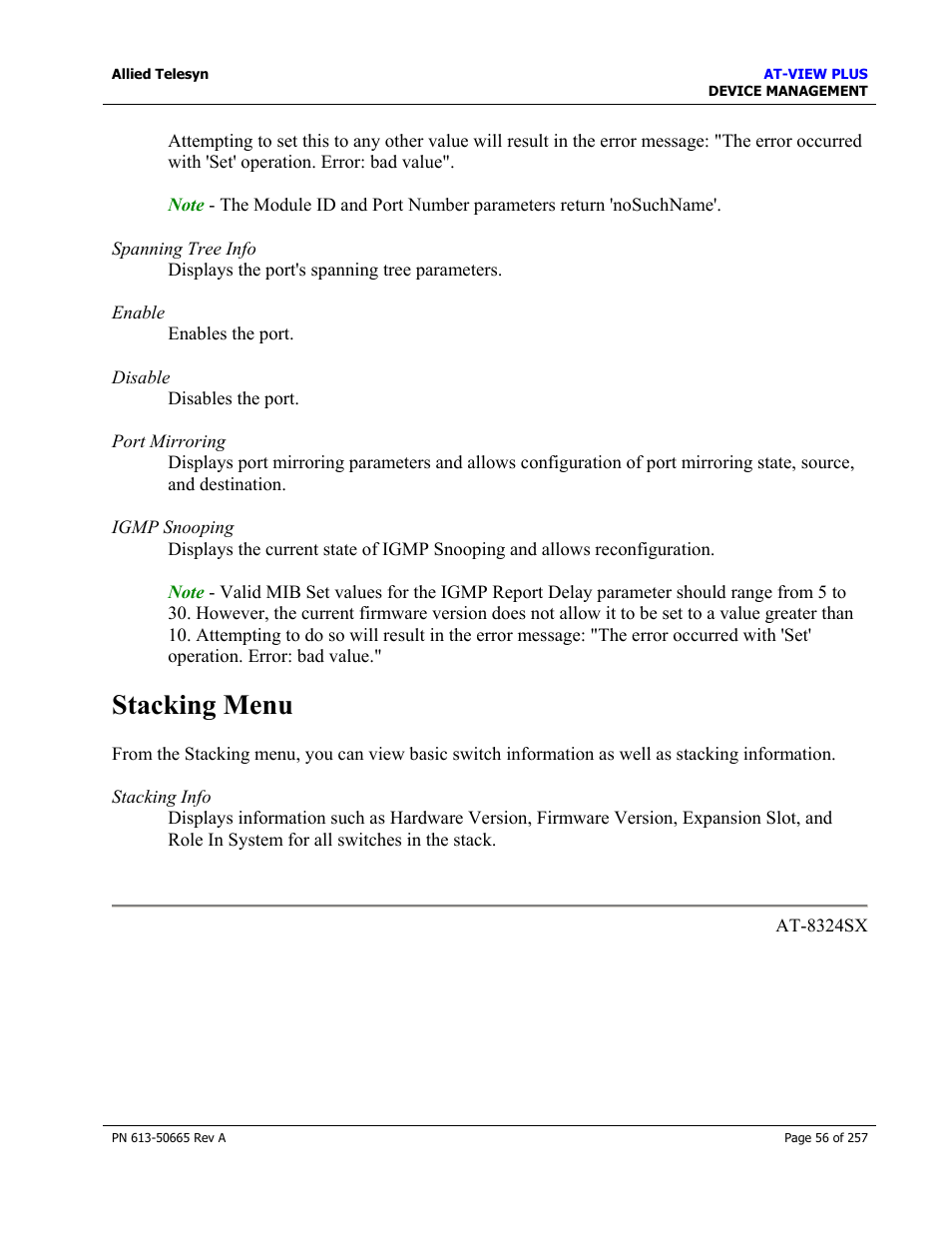Stacking menu | Allied Telesis AT-VIEW PLUS 3.0 DEVICE MANAGEMENT User Manual | Page 56 / 257