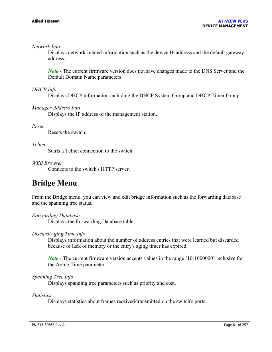 Bridge menu, Rmon menu | Allied Telesis AT-VIEW PLUS 3.0 DEVICE MANAGEMENT User Manual | Page 61 / 257