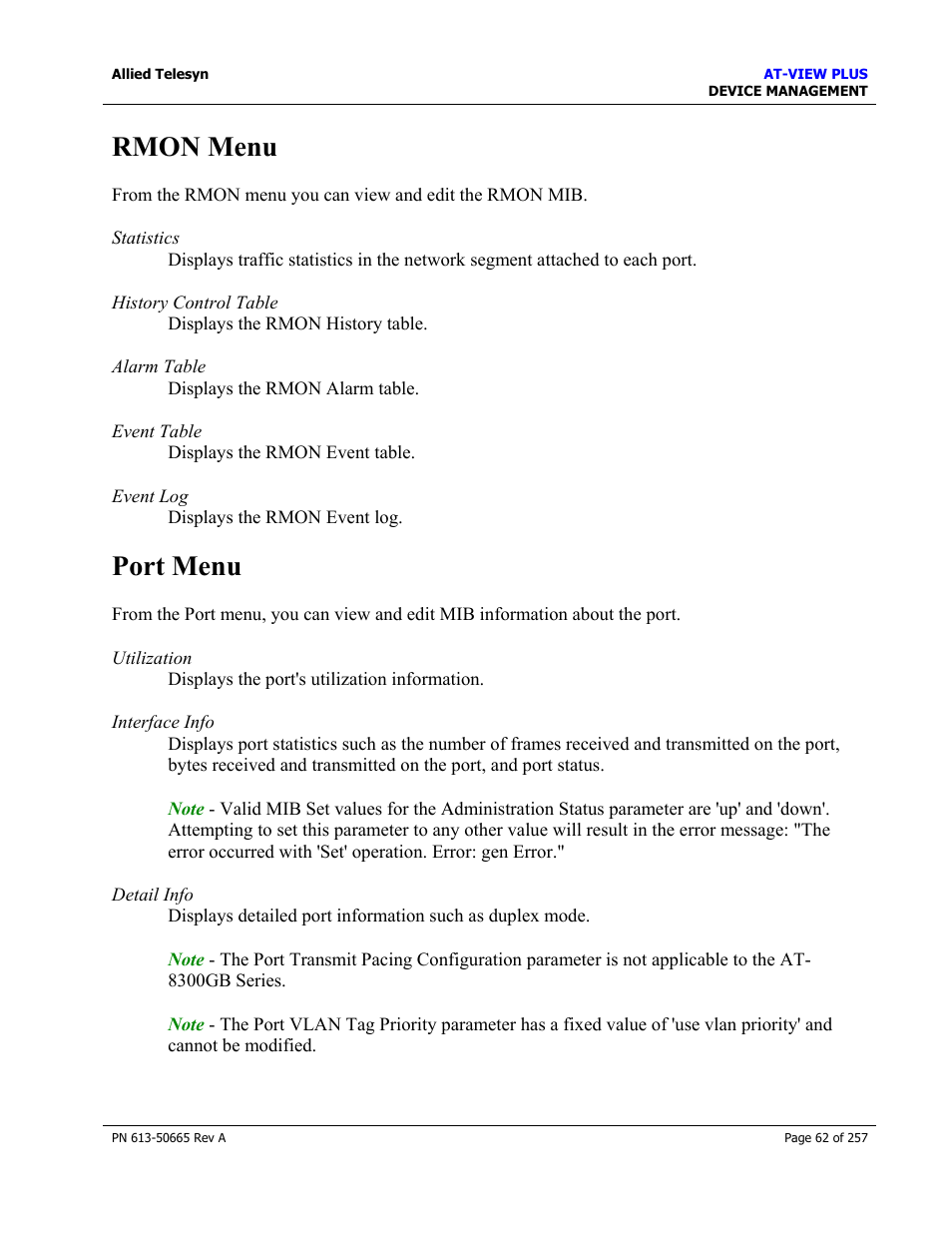 Rmon menu, Port menu, Rmon menu port menu | Allied Telesis AT-VIEW PLUS 3.0 DEVICE MANAGEMENT User Manual | Page 62 / 257