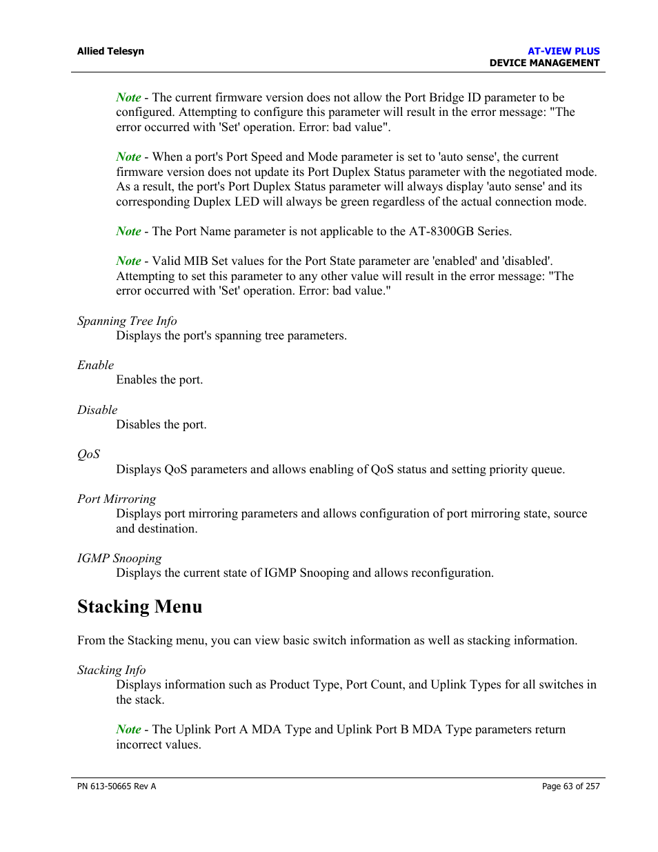 Stacking menu | Allied Telesis AT-VIEW PLUS 3.0 DEVICE MANAGEMENT User Manual | Page 63 / 257