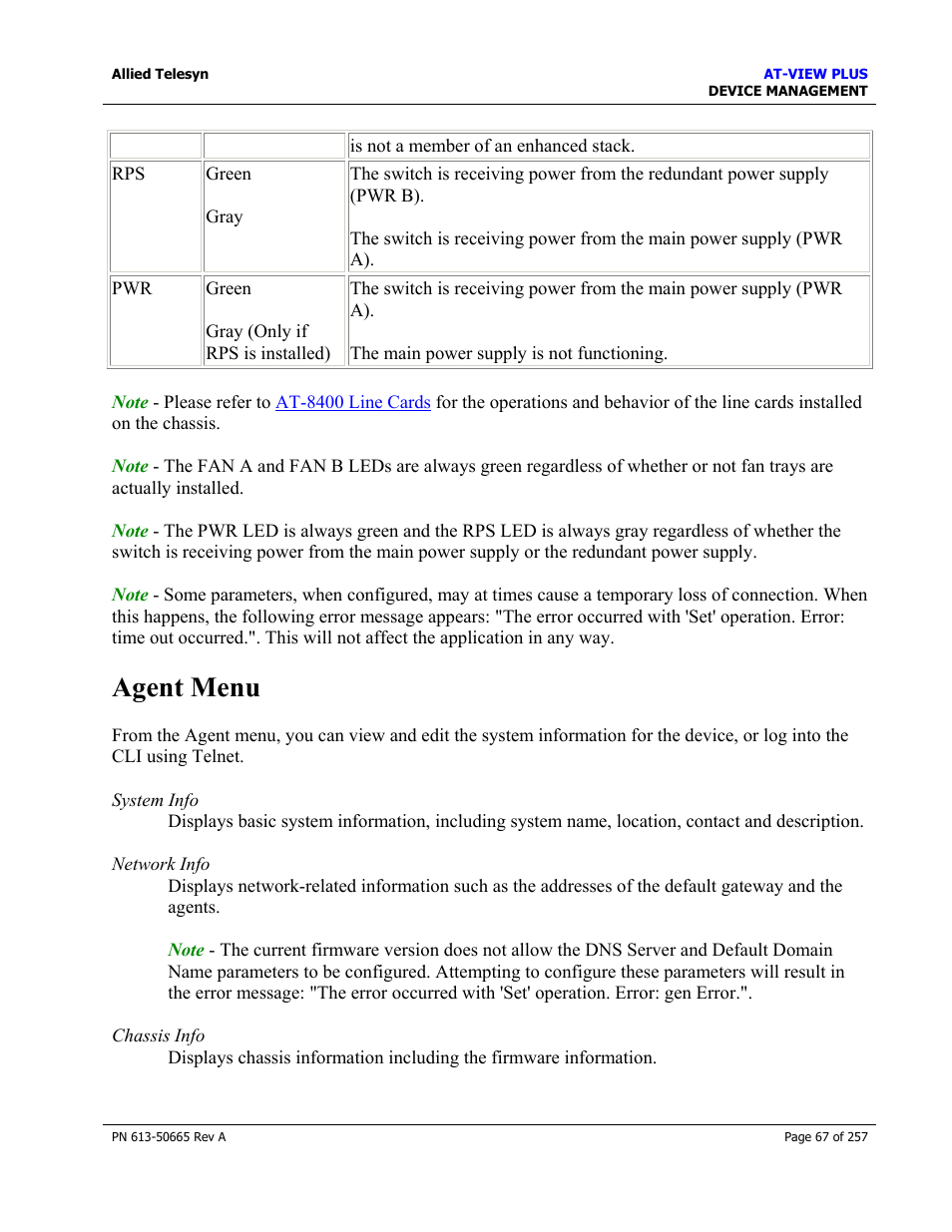 Agent menu | Allied Telesis AT-VIEW PLUS 3.0 DEVICE MANAGEMENT User Manual | Page 67 / 257