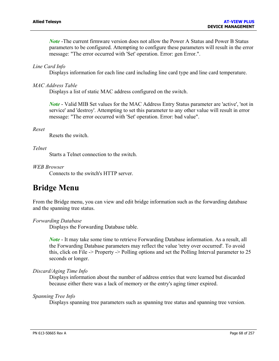 Bridge menu | Allied Telesis AT-VIEW PLUS 3.0 DEVICE MANAGEMENT User Manual | Page 68 / 257