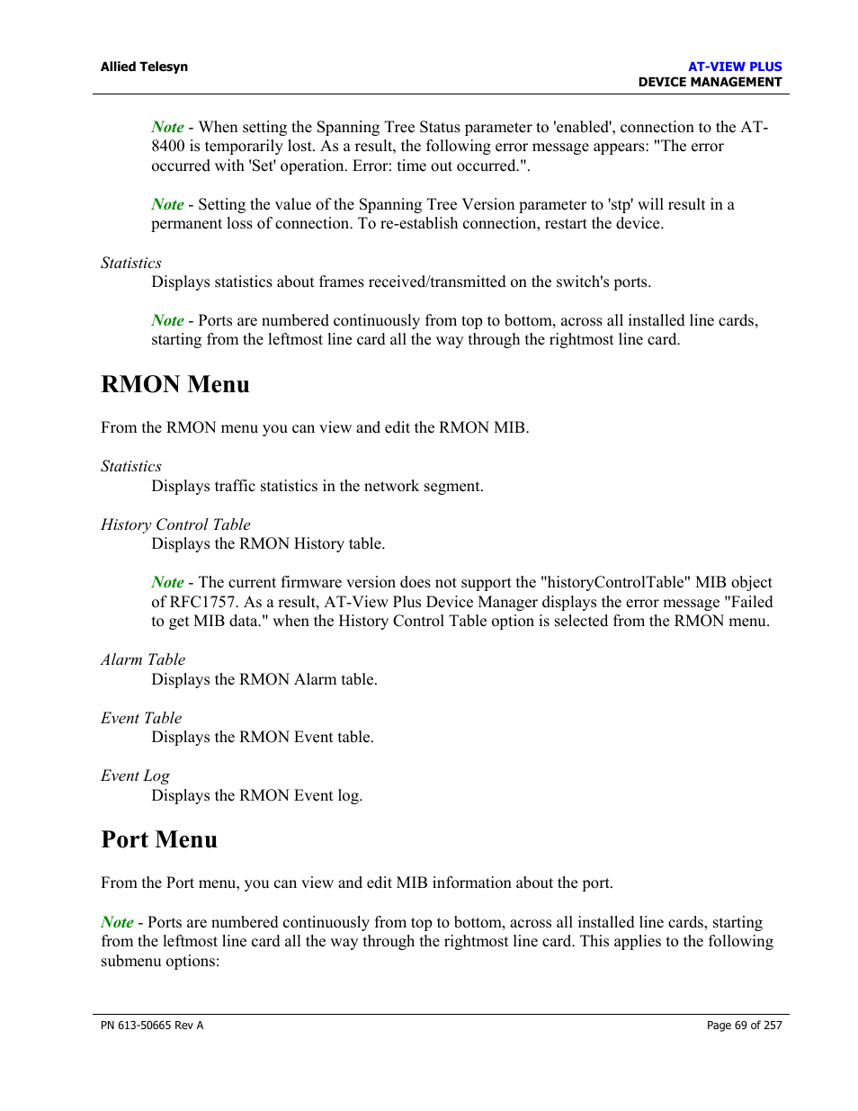 Rmon menu, Port menu, Rmon menu port menu | Allied Telesis AT-VIEW PLUS 3.0 DEVICE MANAGEMENT User Manual | Page 69 / 257