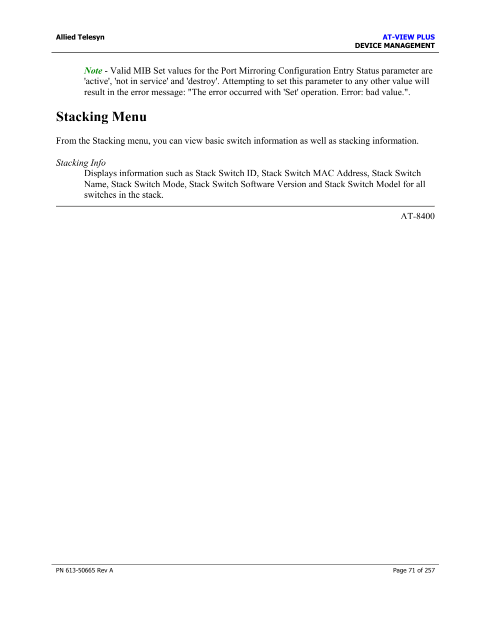 Stacking menu | Allied Telesis AT-VIEW PLUS 3.0 DEVICE MANAGEMENT User Manual | Page 71 / 257