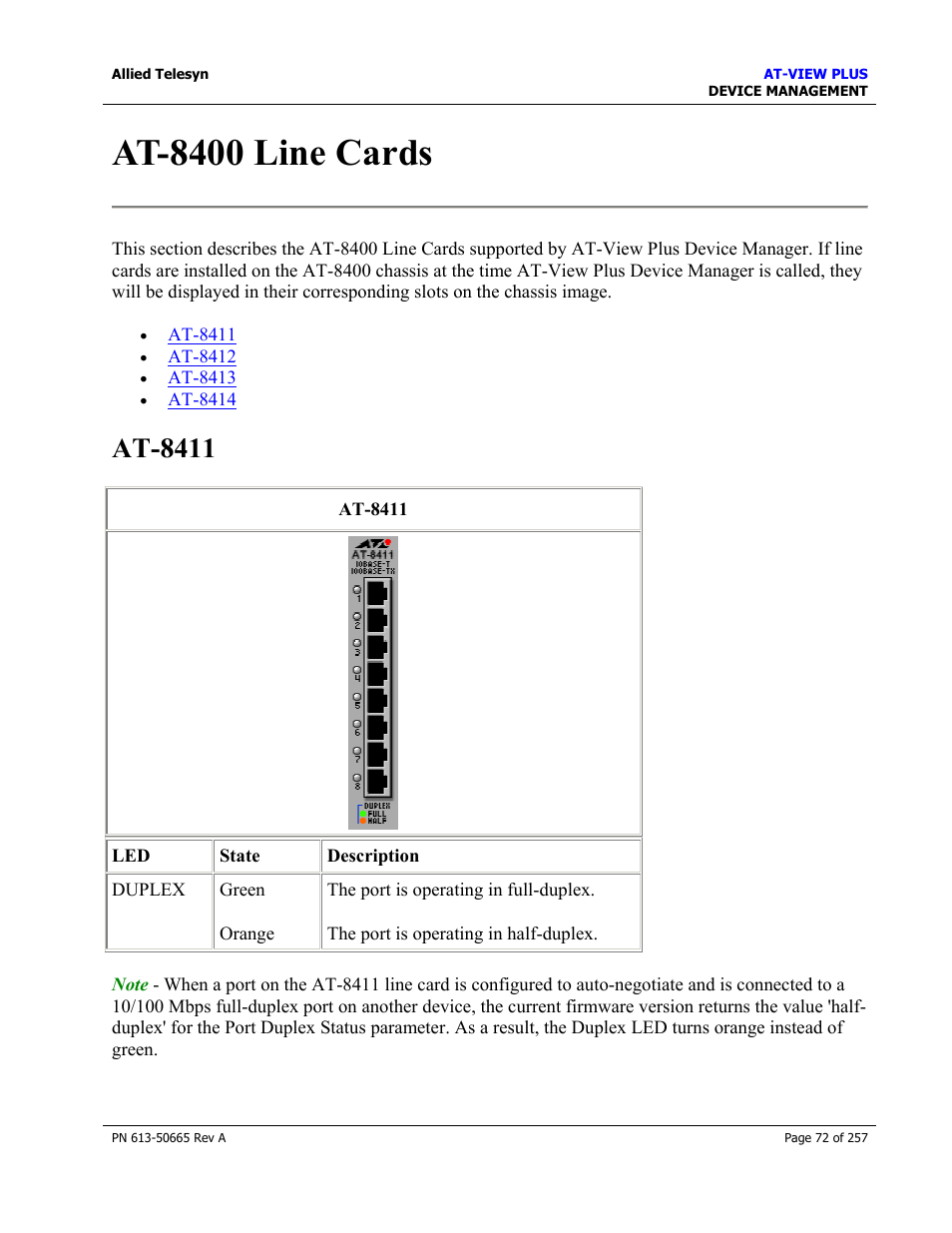 At-8400 line cards, At-8411 | Allied Telesis AT-VIEW PLUS 3.0 DEVICE MANAGEMENT User Manual | Page 72 / 257