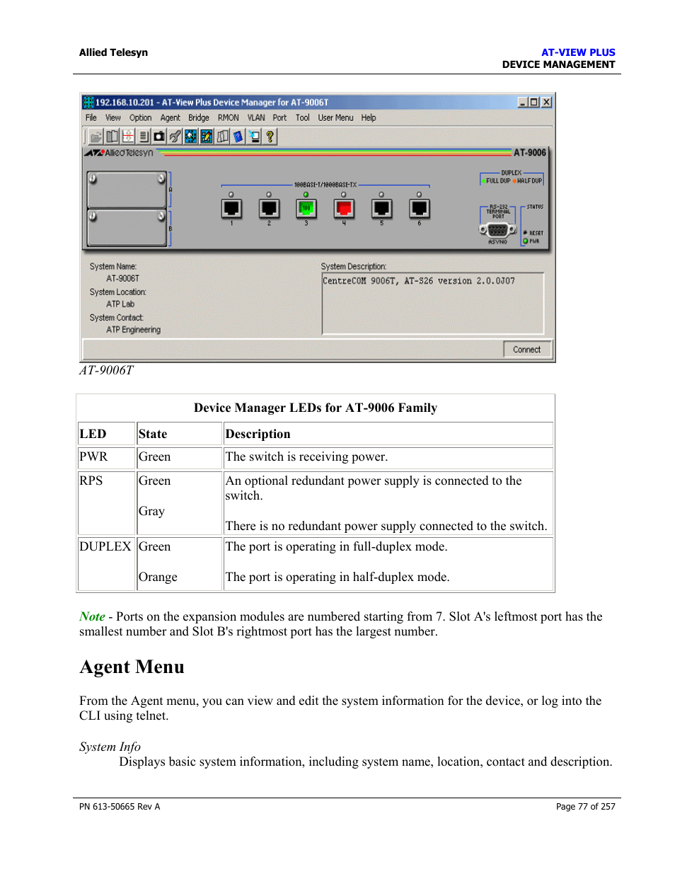 Agent menu | Allied Telesis AT-VIEW PLUS 3.0 DEVICE MANAGEMENT User Manual | Page 77 / 257