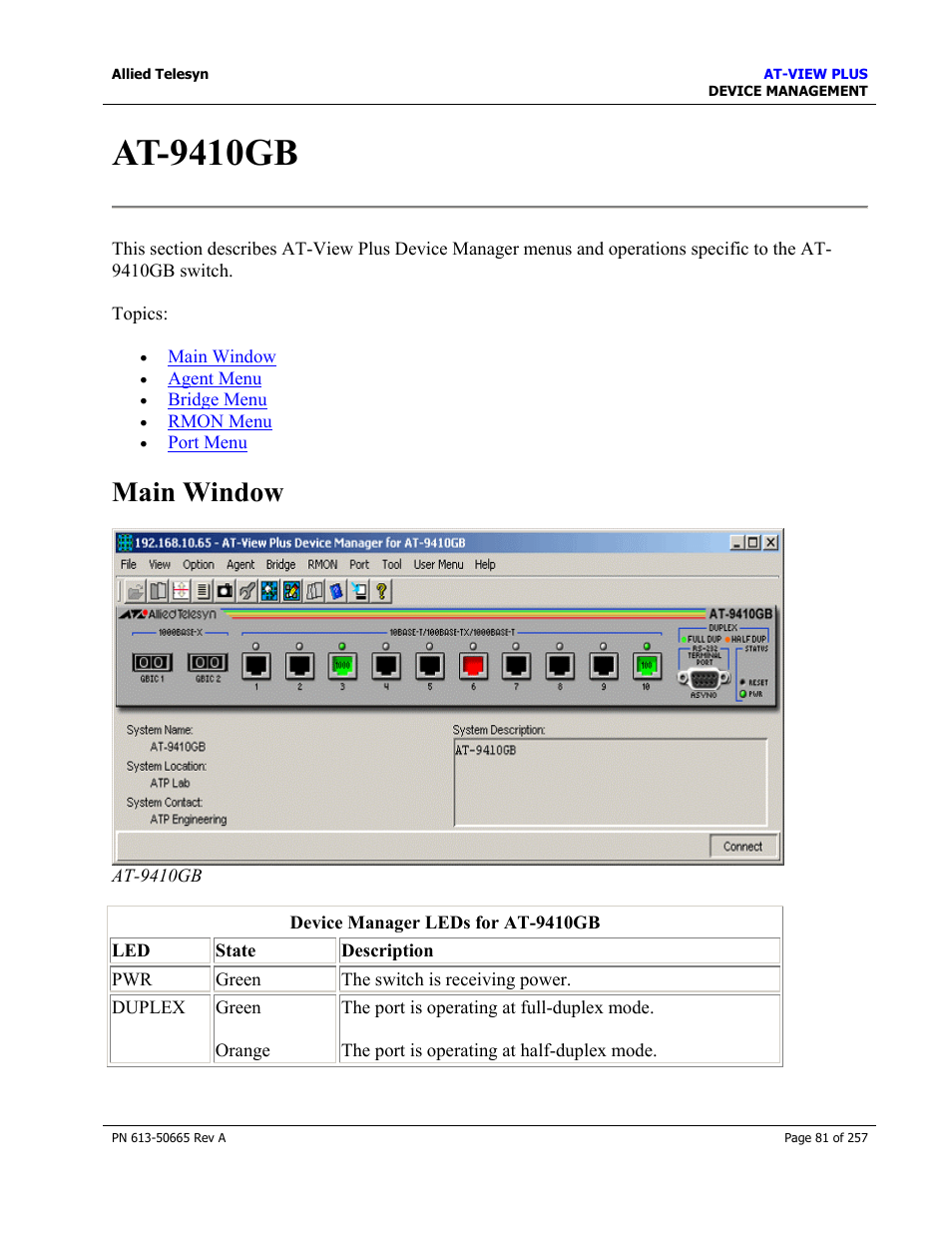 At-9410gb, Main window | Allied Telesis AT-VIEW PLUS 3.0 DEVICE MANAGEMENT User Manual | Page 81 / 257