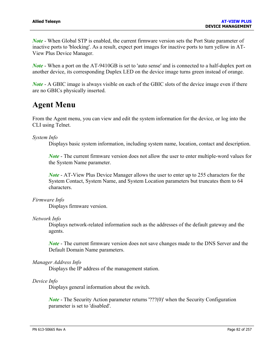 Agent menu | Allied Telesis AT-VIEW PLUS 3.0 DEVICE MANAGEMENT User Manual | Page 82 / 257