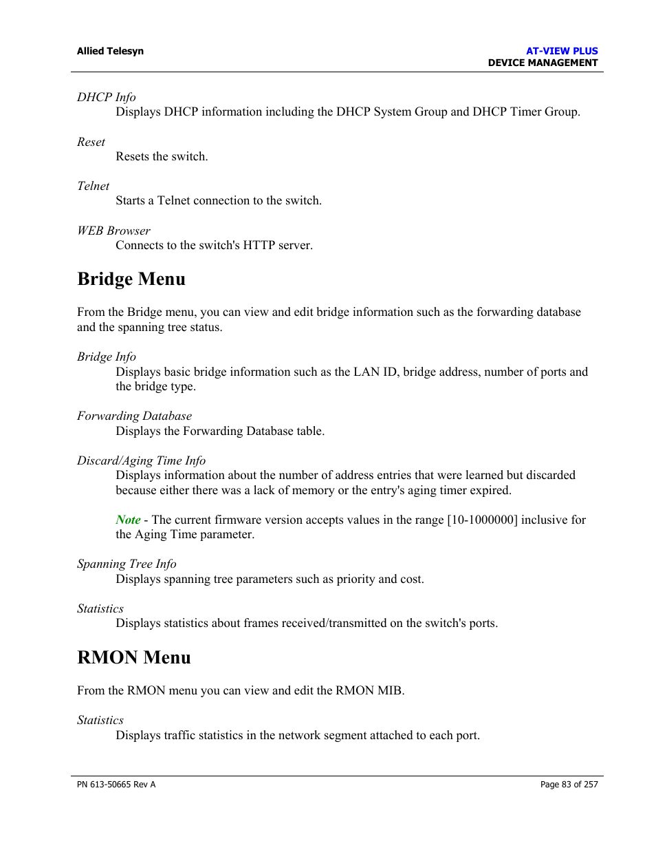 Bridge menu, Rmon menu, Bridge menu rmon menu | Allied Telesis AT-VIEW PLUS 3.0 DEVICE MANAGEMENT User Manual | Page 83 / 257