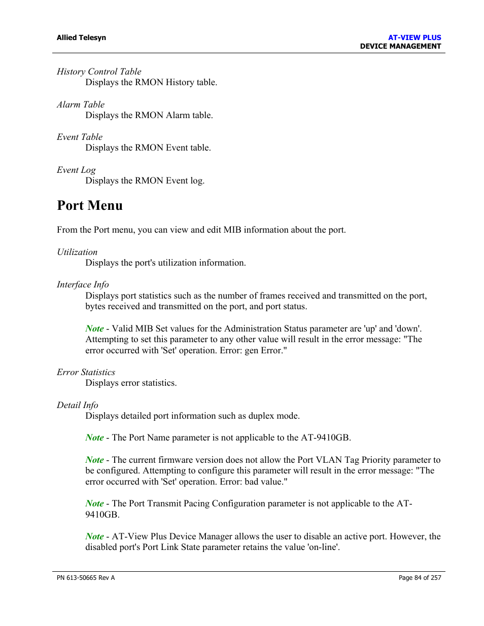 Port menu | Allied Telesis AT-VIEW PLUS 3.0 DEVICE MANAGEMENT User Manual | Page 84 / 257