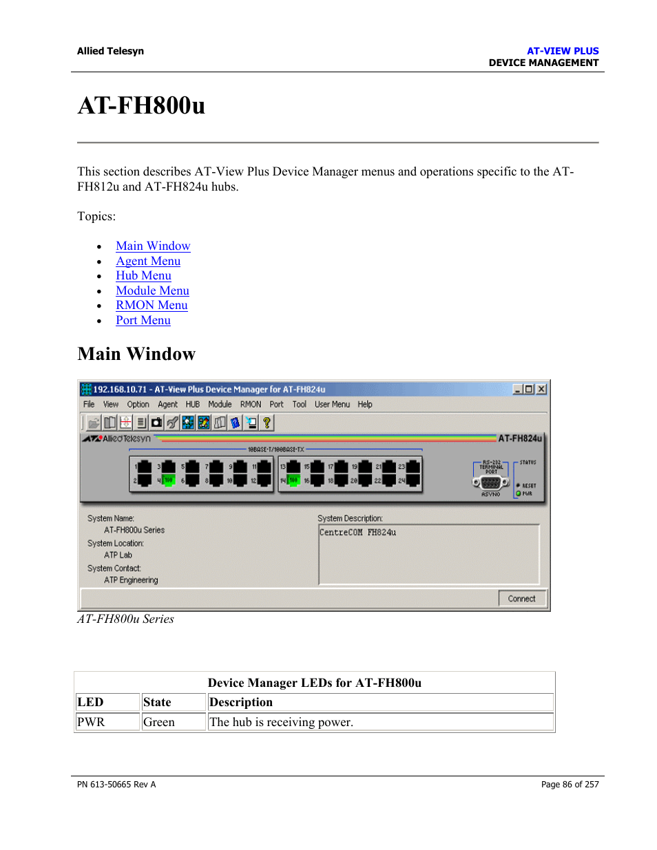 At-fh800u, Main window | Allied Telesis AT-VIEW PLUS 3.0 DEVICE MANAGEMENT User Manual | Page 86 / 257