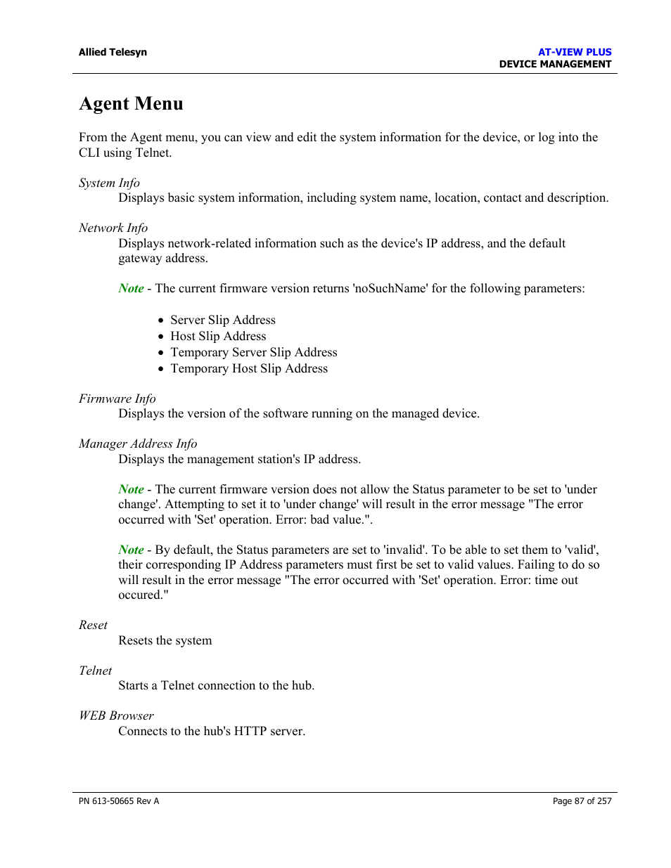 Agent menu, Hub menu | Allied Telesis AT-VIEW PLUS 3.0 DEVICE MANAGEMENT User Manual | Page 87 / 257