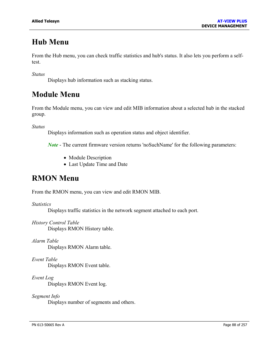 Hub menu, Module menu, Rmon menu | Hub menu module menu rmon menu | Allied Telesis AT-VIEW PLUS 3.0 DEVICE MANAGEMENT User Manual | Page 88 / 257